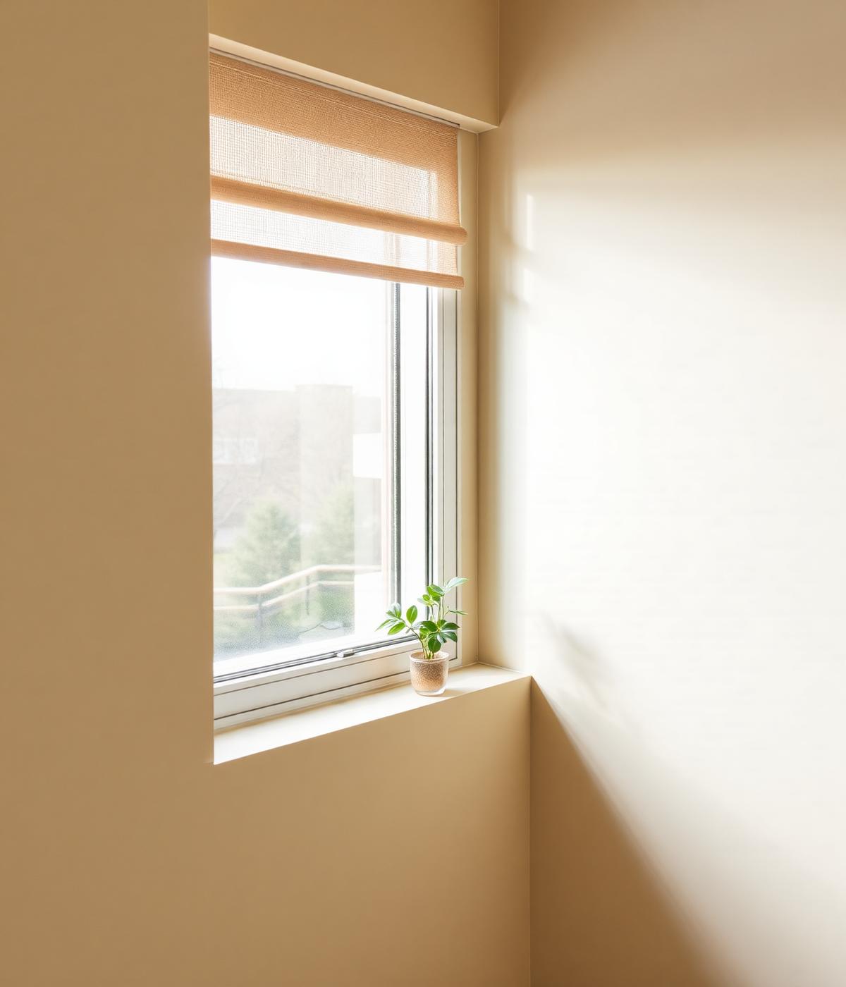 Sunlit windowsill with a small plant